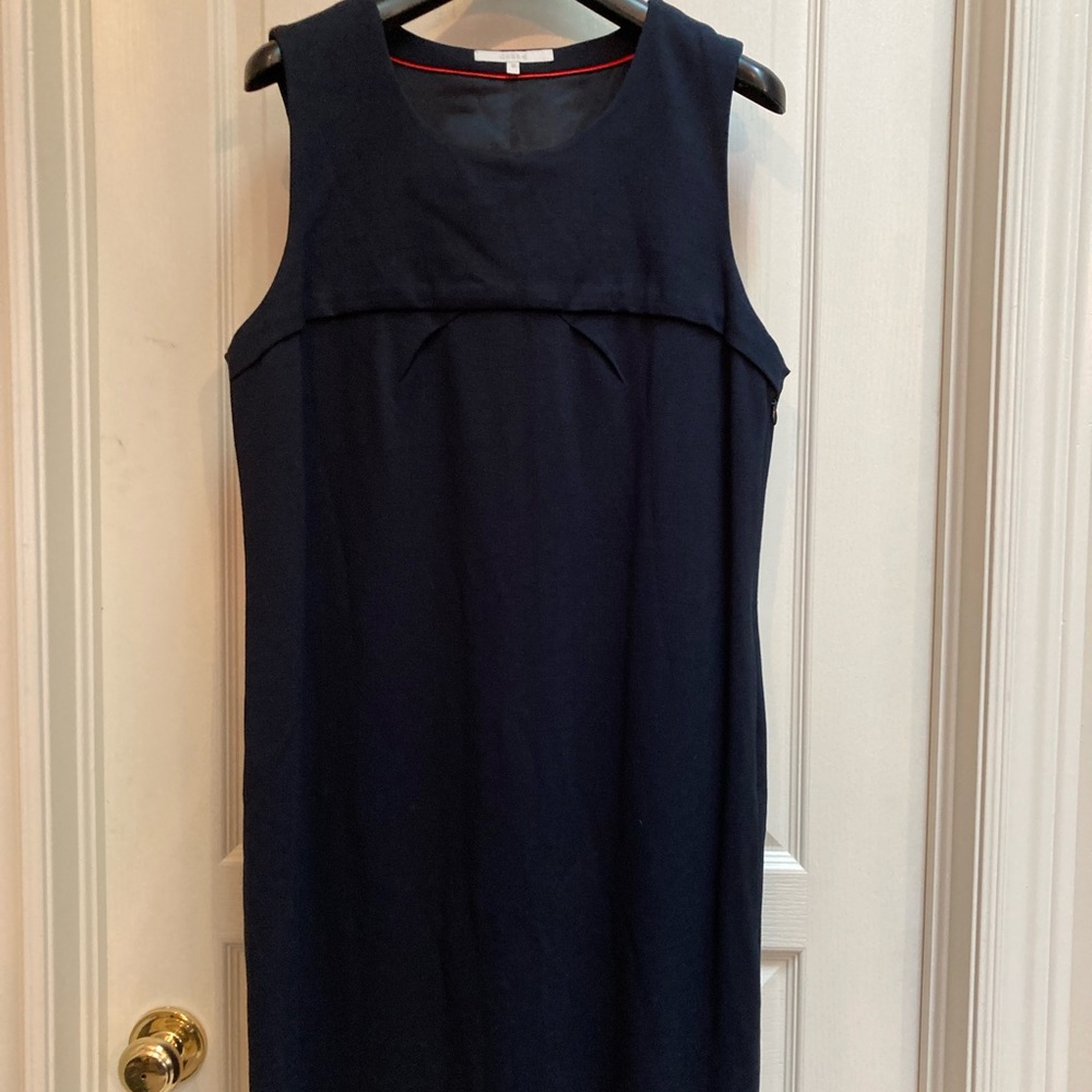 Cassis Jersey Sheath in Navy. Size 12. Side zip fully lined. Heavyweight fabric